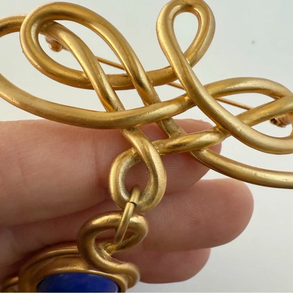 Vtg Large Matte Goldtone Art Nouveau Revival Scroll Blue Stone Dangle Brooch